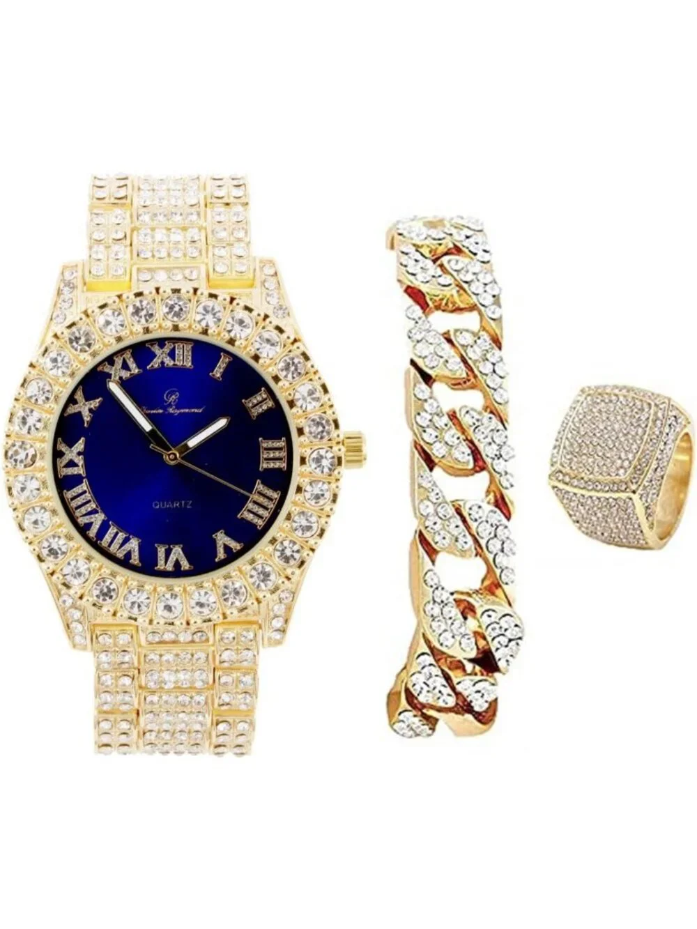 Iced Out Men's Watch Set with Roman Numerals, Cuban Chain Bracelet & Ring - 3pc